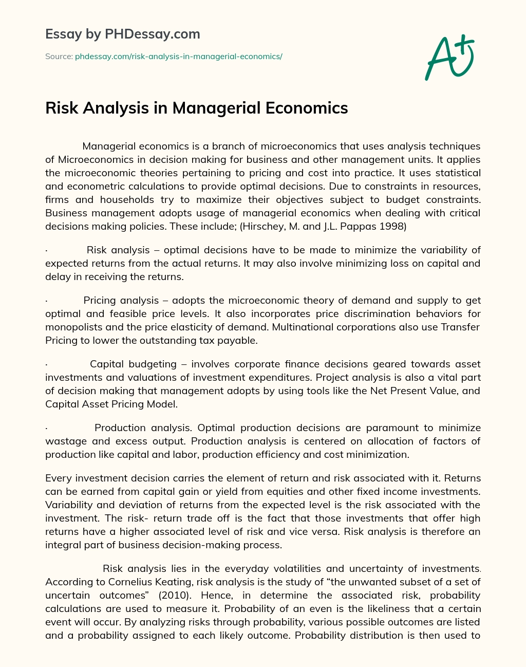 Risk Analysis in Managerial Economics essay