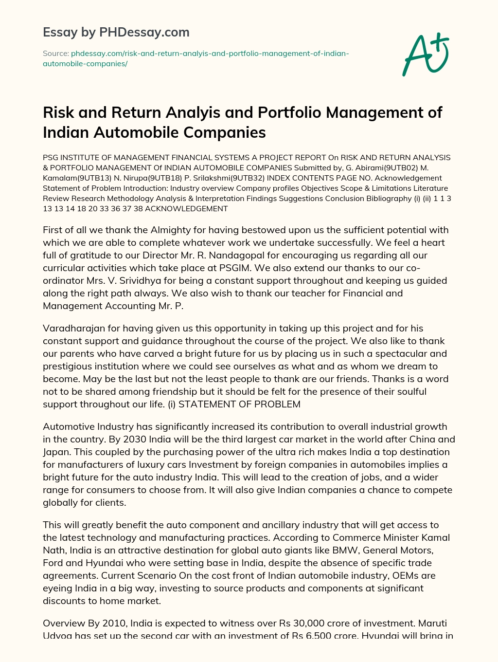 Risk and Return Analyis and Portfolio Management of Indian Automobile Companies essay