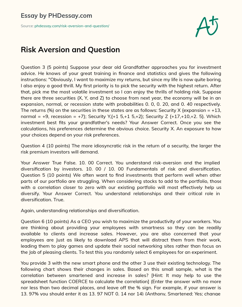 Risk Aversion and Question essay