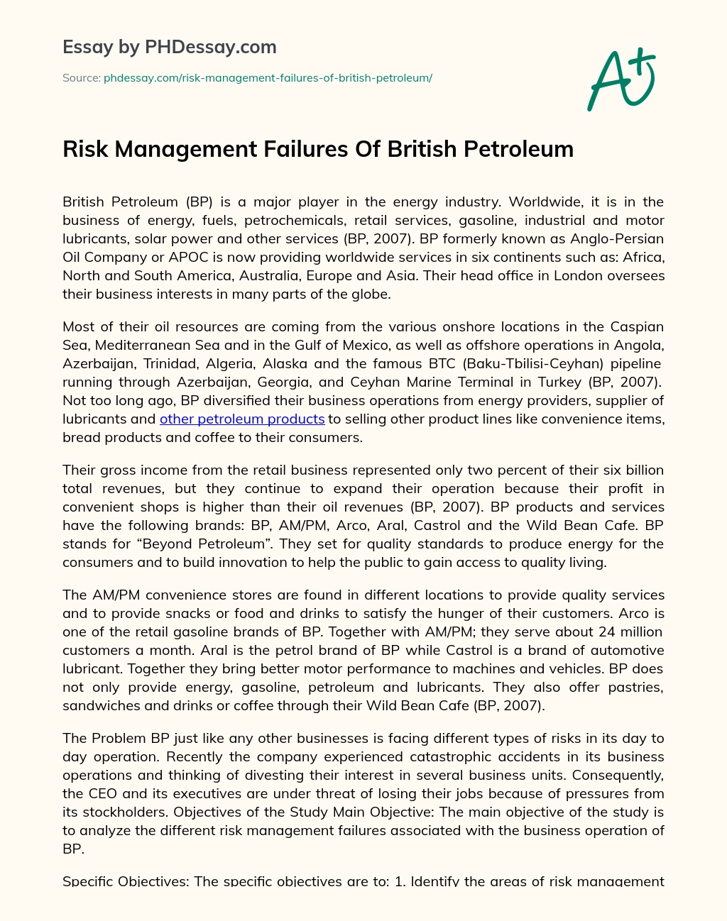 Risk Management Failures Of British Petroleum essay