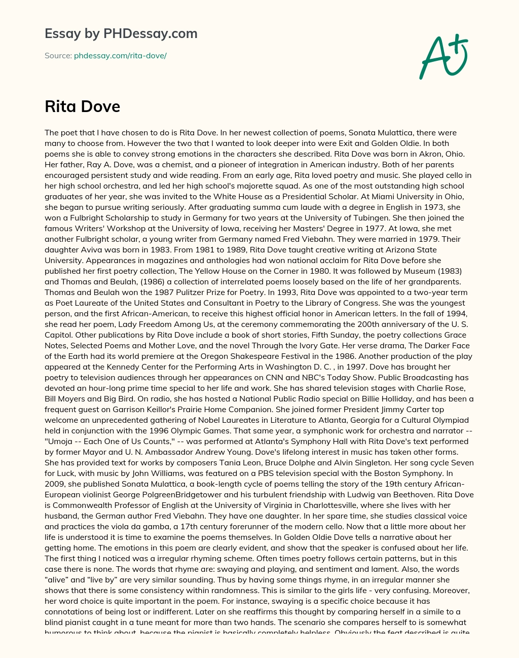 Rita Dove: A Poet’s Life and Work essay