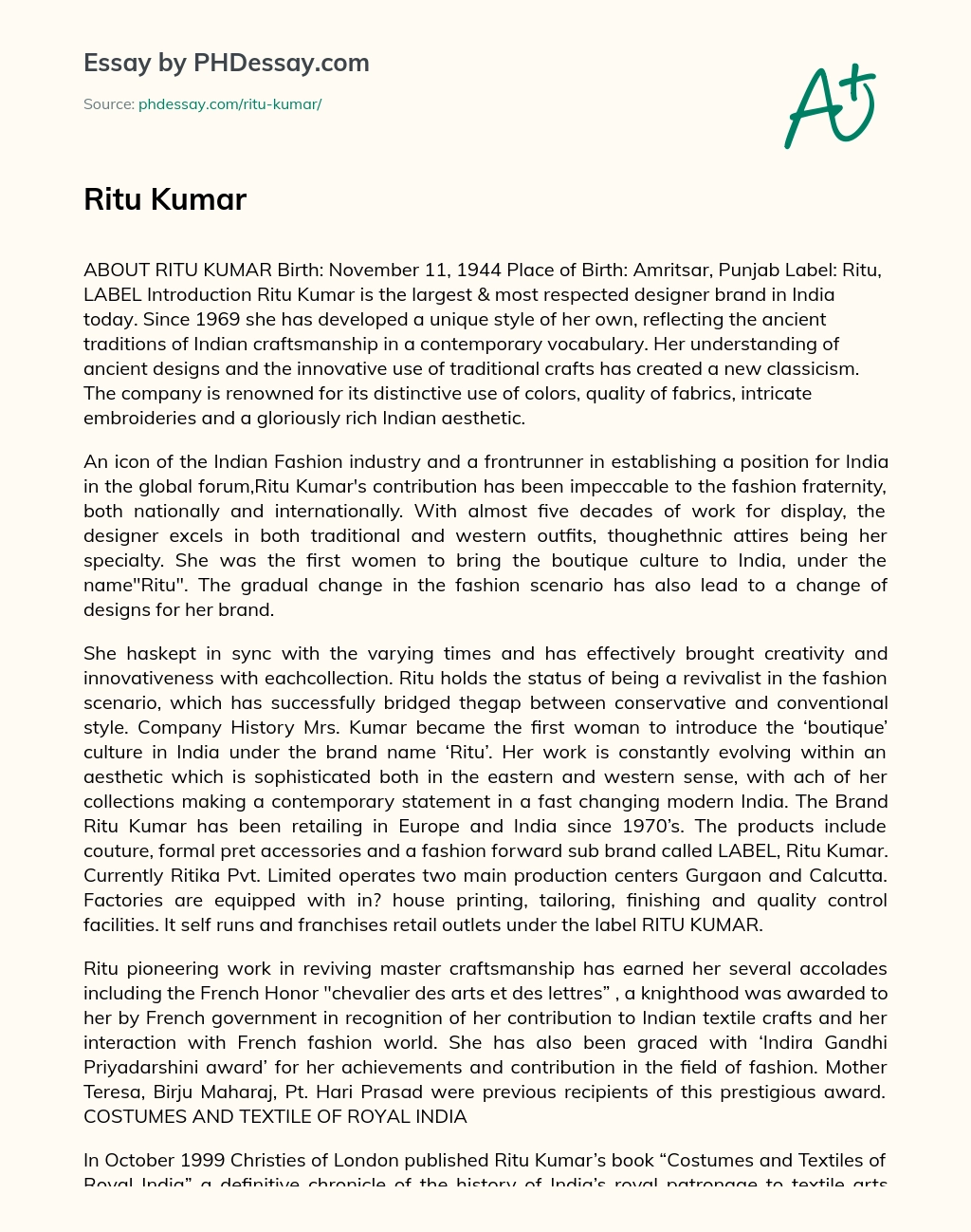Ritu Kumar: A Pioneer in Indian Fashion Industry essay
