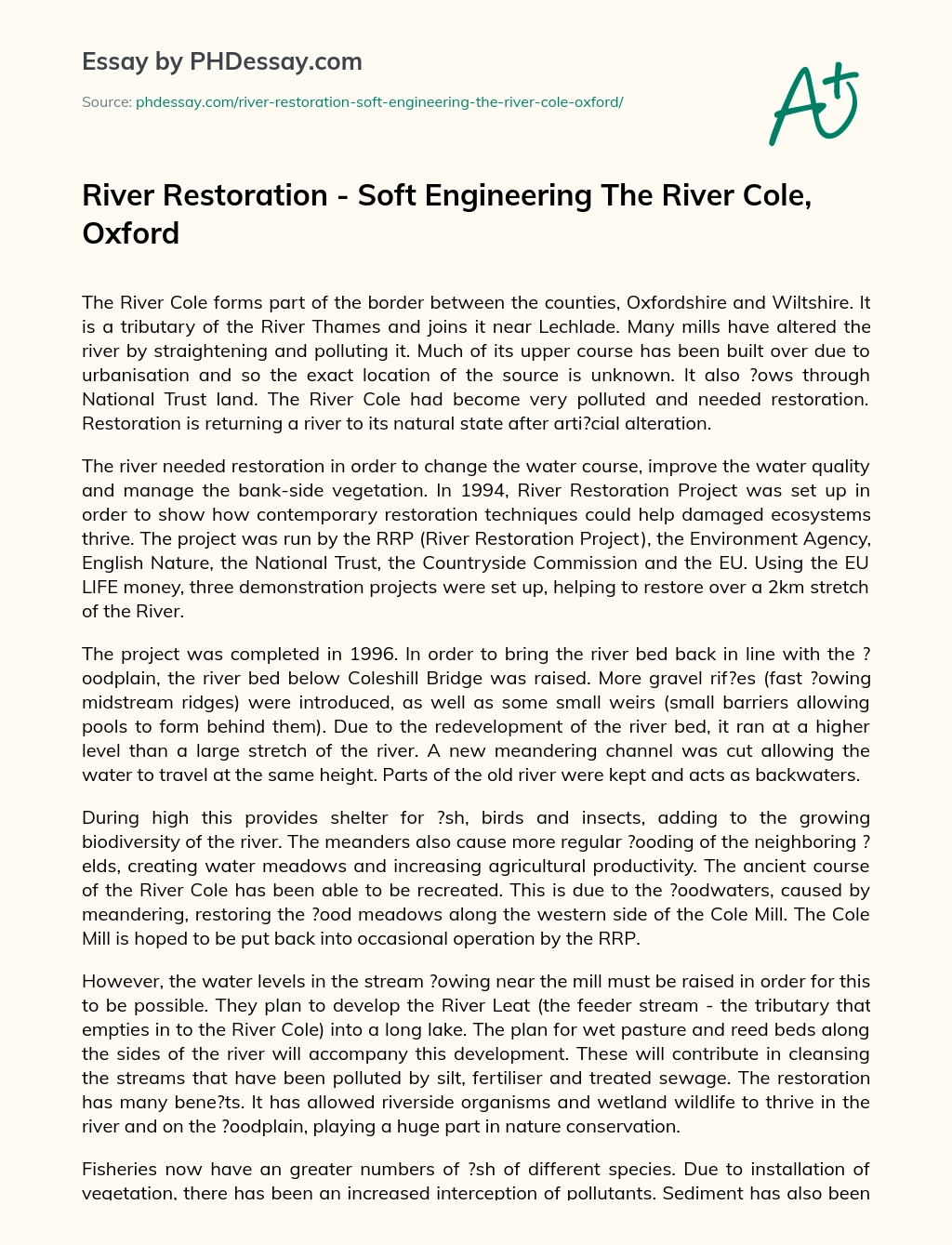 River Restoration – Soft Engineering The River Cole, Oxford essay