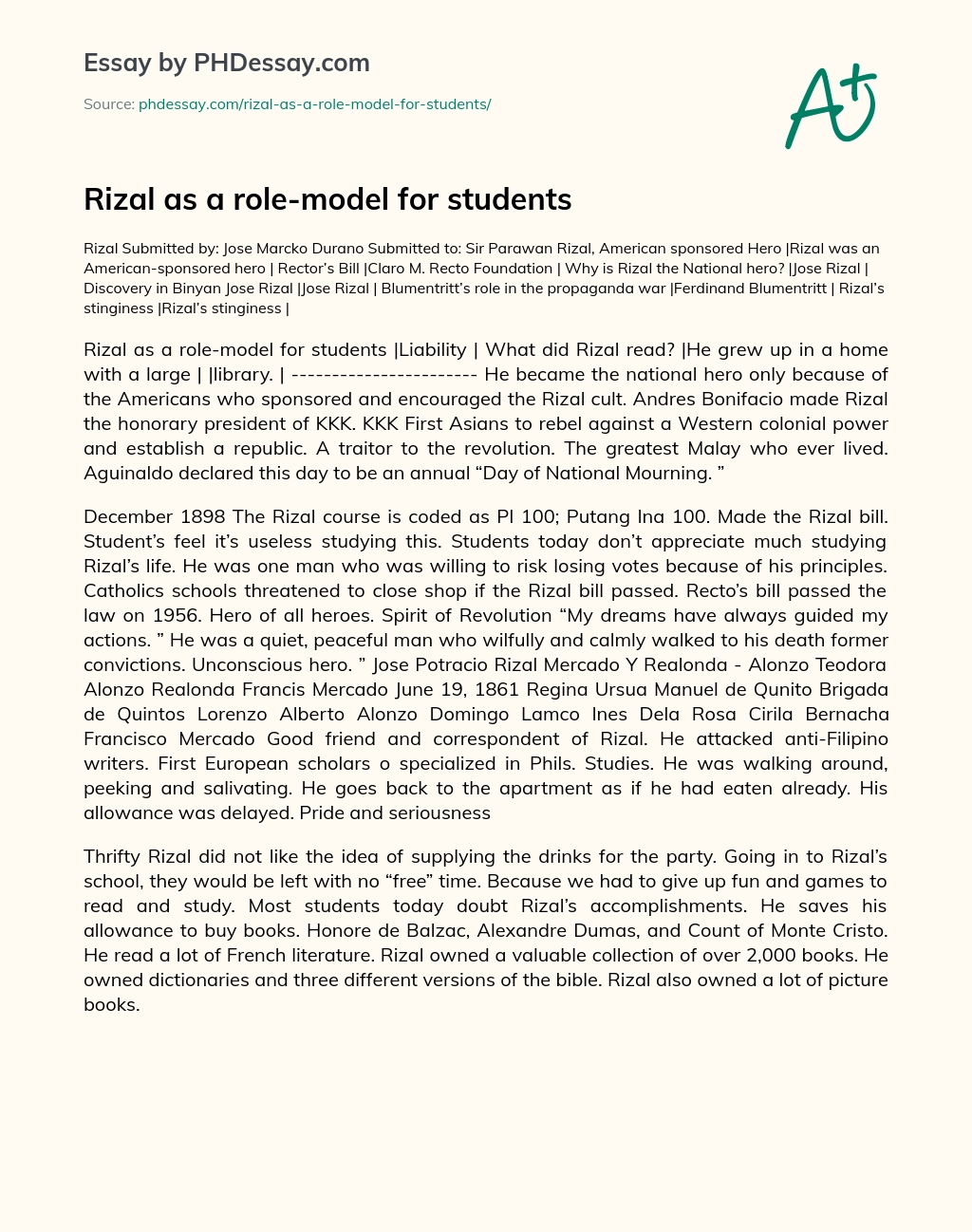 Rizal as a role-model for students essay