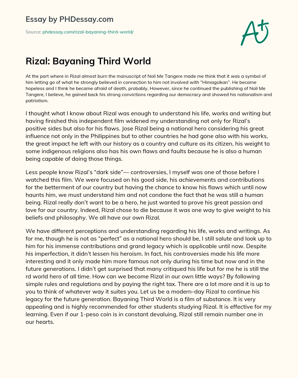 Rizal: Bayaning Third World essay