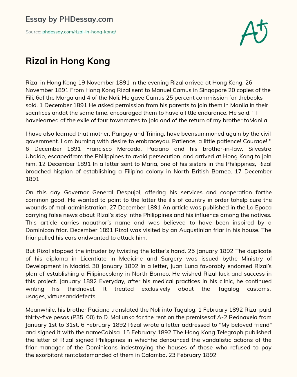 Rizal in Hong Kong essay
