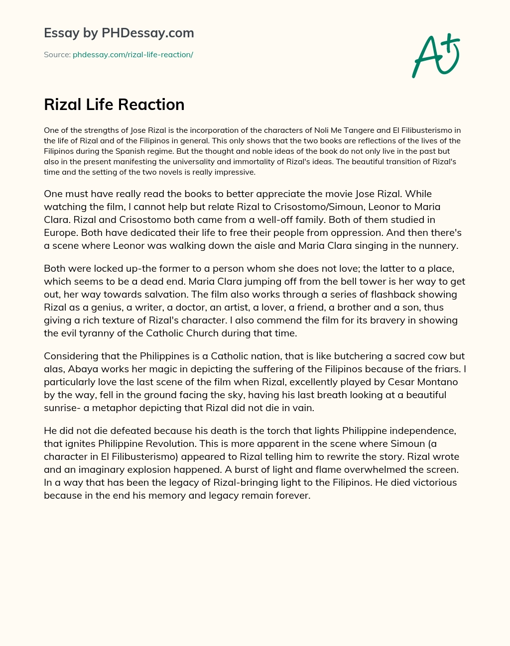 Rizal Life Reaction essay