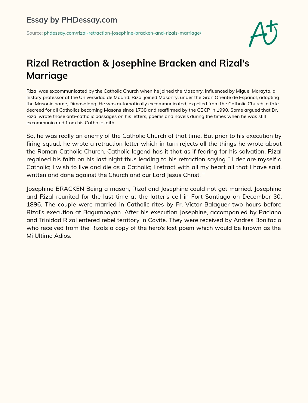 Rizal Retraction & Josephine Bracken and Rizal’s Marriage essay