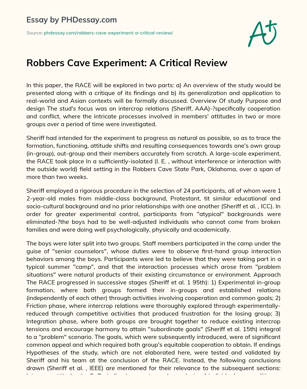 Robbers Cave Experiment: A Critical Review essay