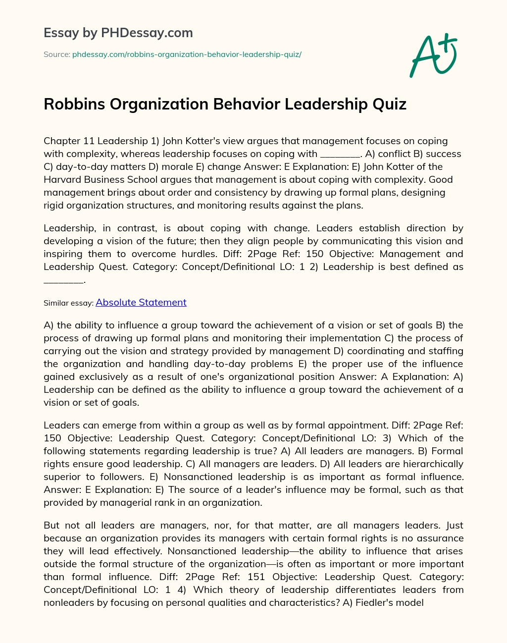Robbins Organization Behavior Leadership Quiz essay