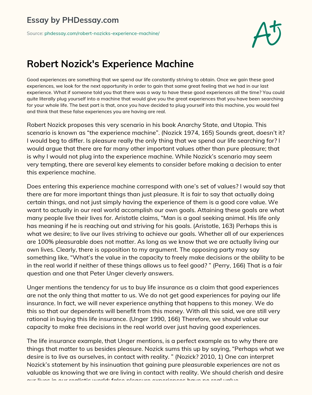Robert Nozick’s Experience Machine essay