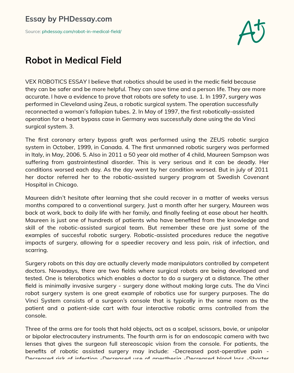 Robot in Medical Field essay