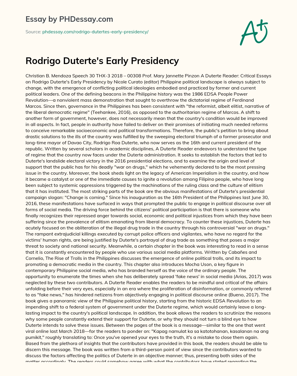 Rodrigo Duterte’s Early Presidency essay