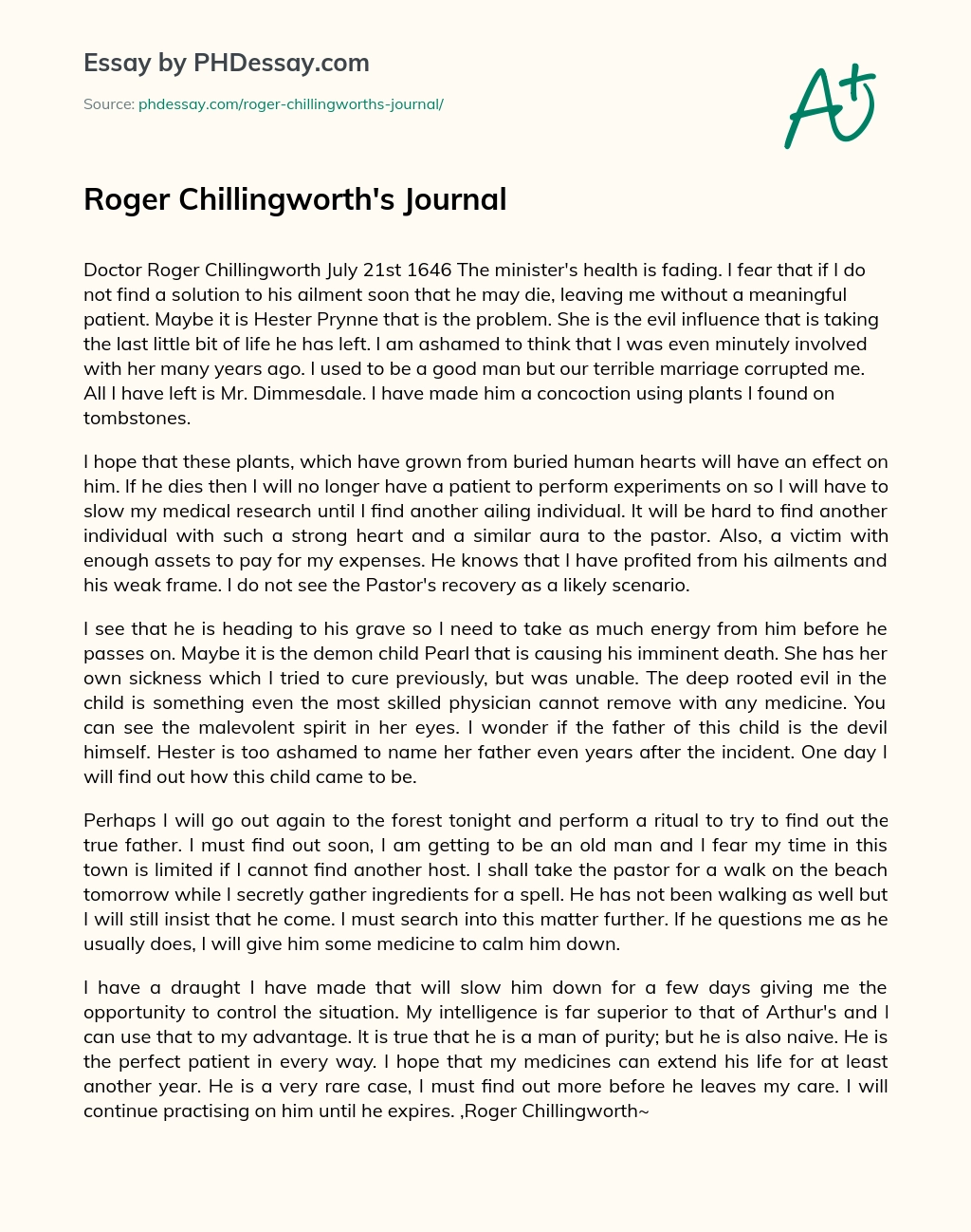 Roger Chillingworth’s Journal essay