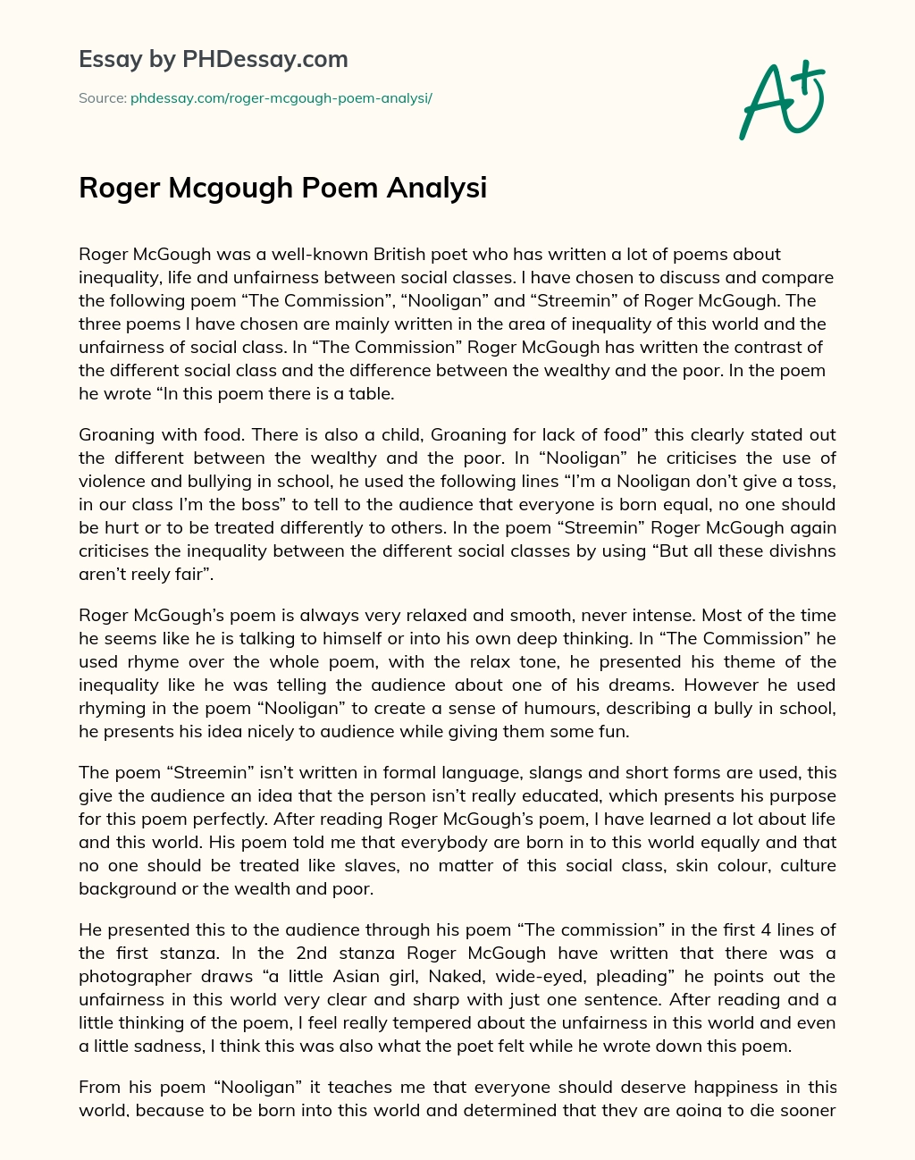 Roger Mcgough Poem Analysi essay