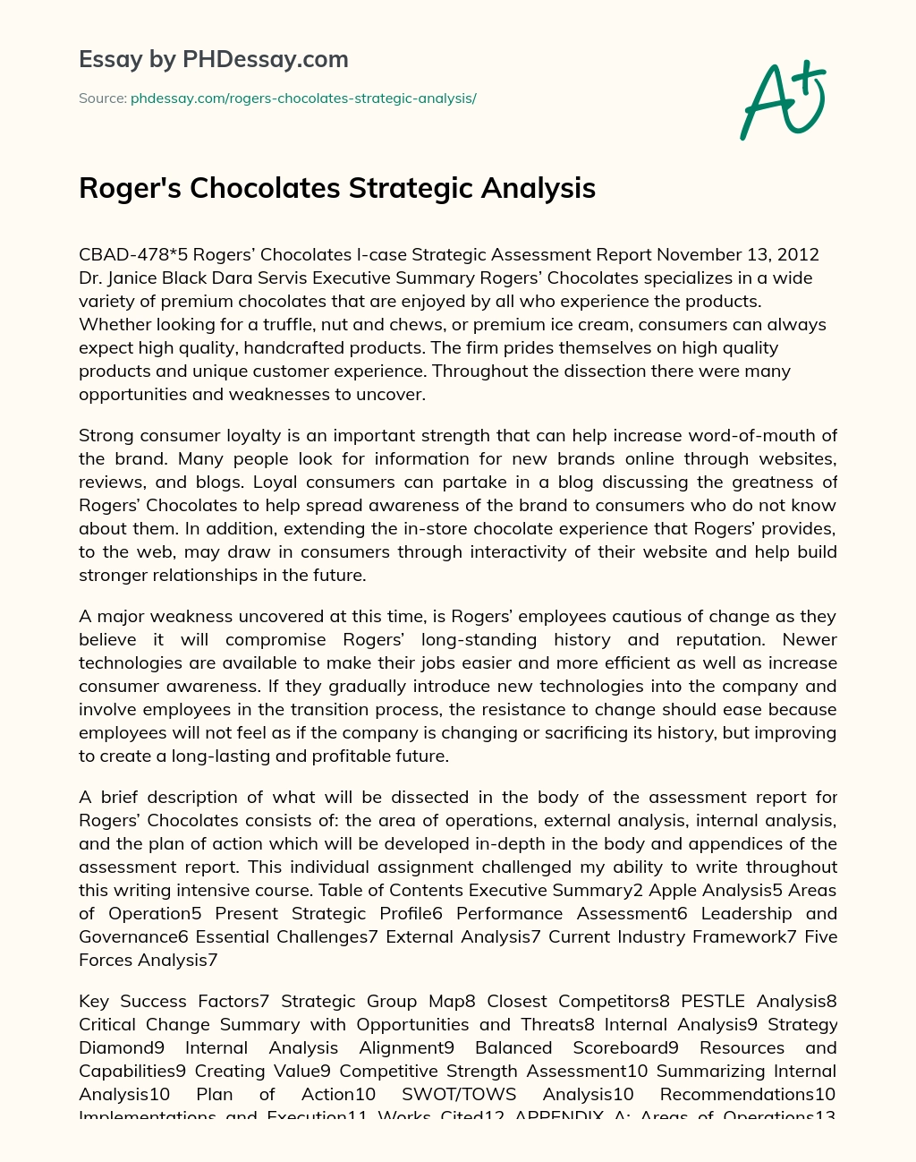 Roger’s Chocolates Strategic Analysis essay