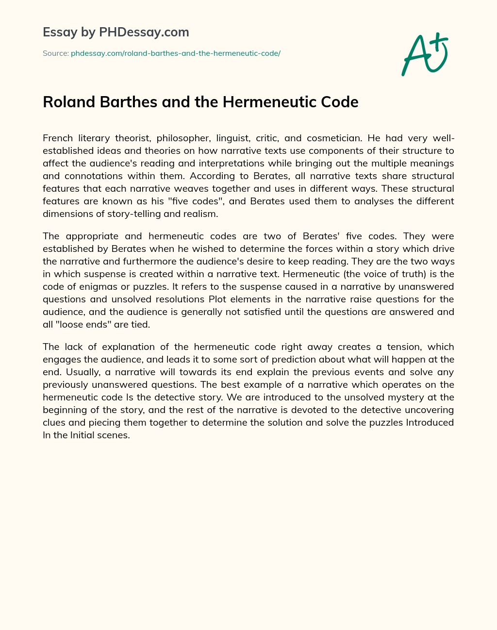 Roland Barthes and the Hermeneutic Code essay