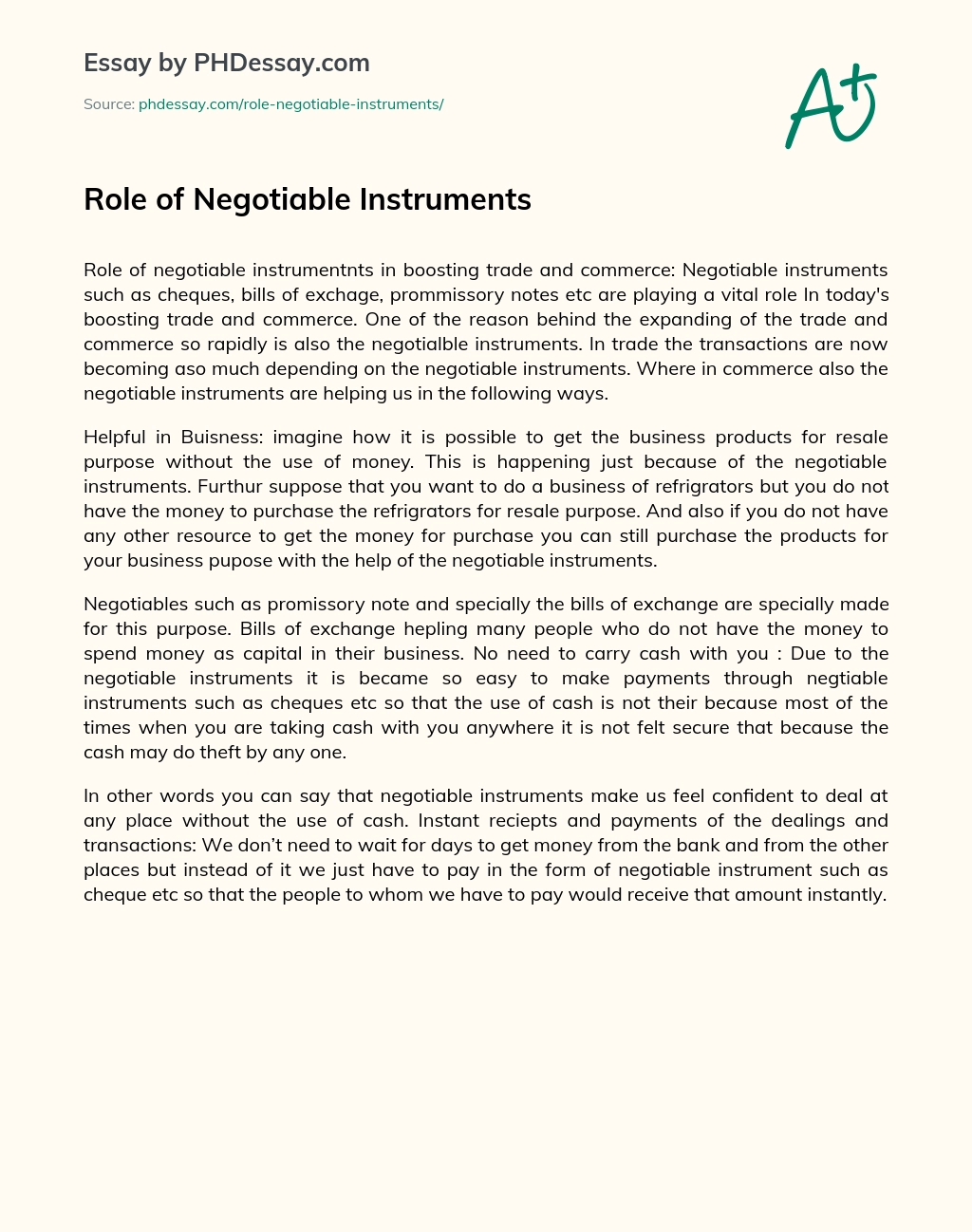 Role of Negotiable Instruments essay