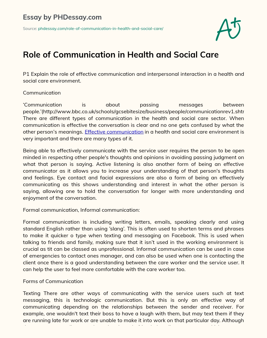 Role of Communication in Health and Social Care essay