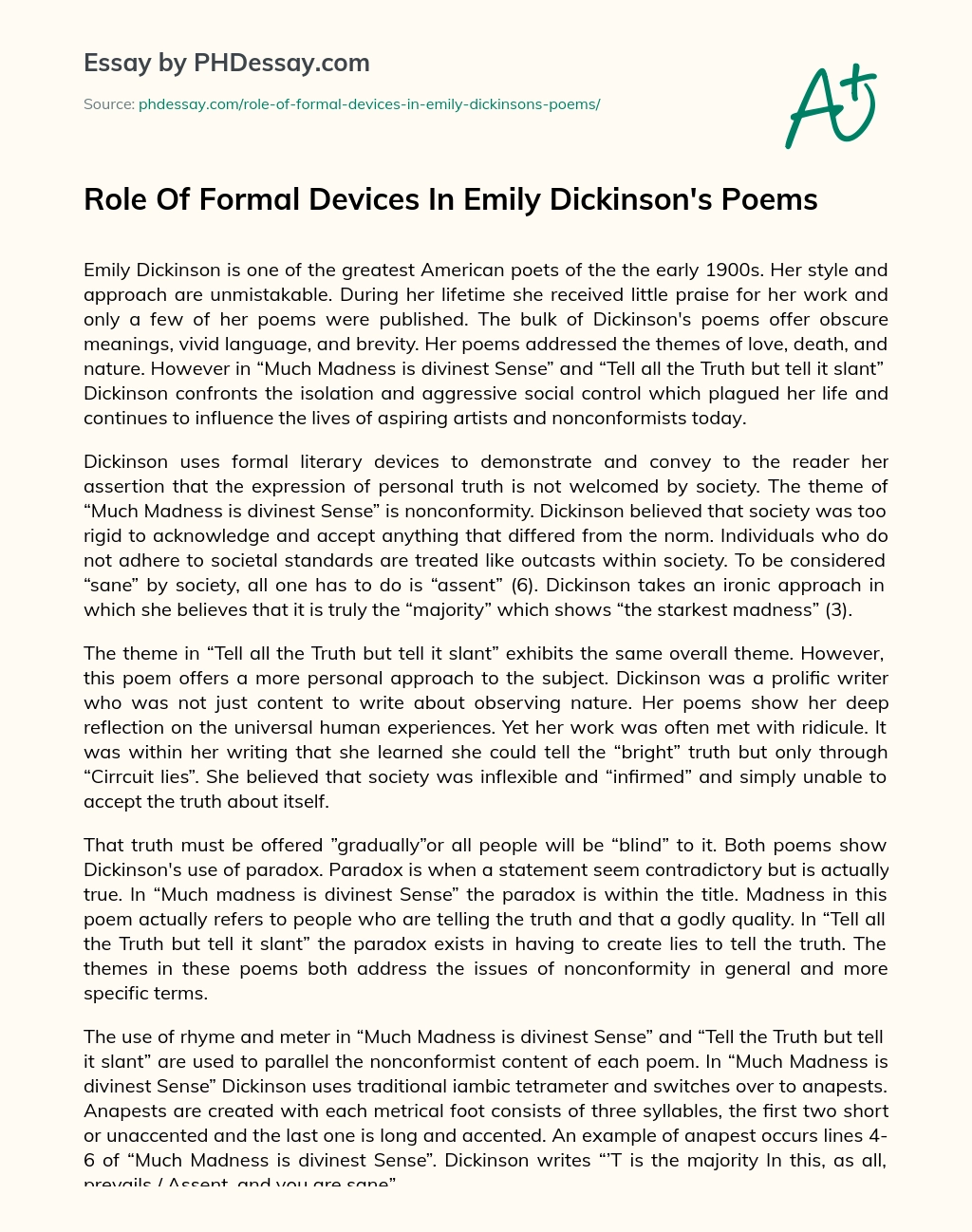 Role Of Formal Devices In Emily Dickinson’s Poems essay