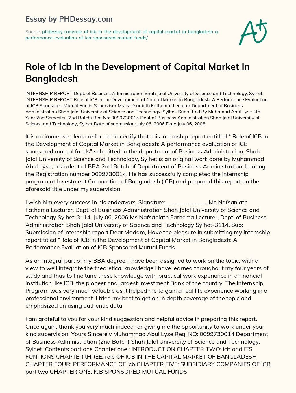 Role of ICB In the Development of Capital Market In Bangladesh essay