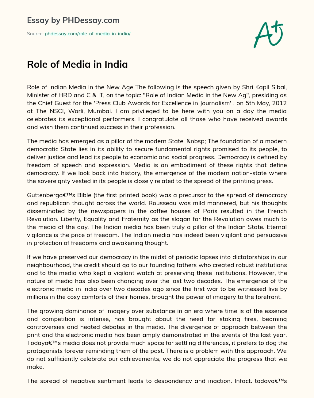 Role of Media in India essay