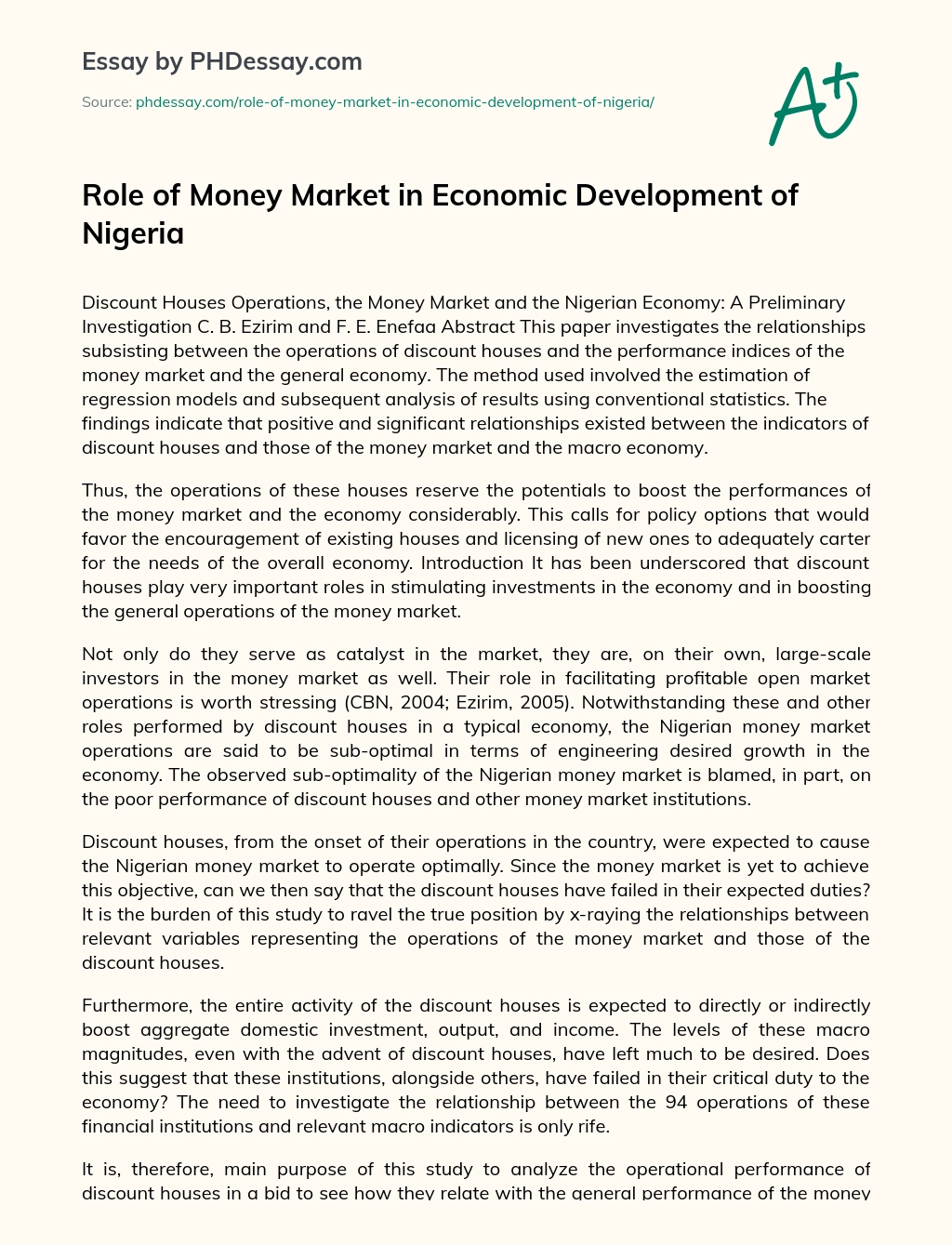 Role of Money Market in Economic Development of Nigeria essay