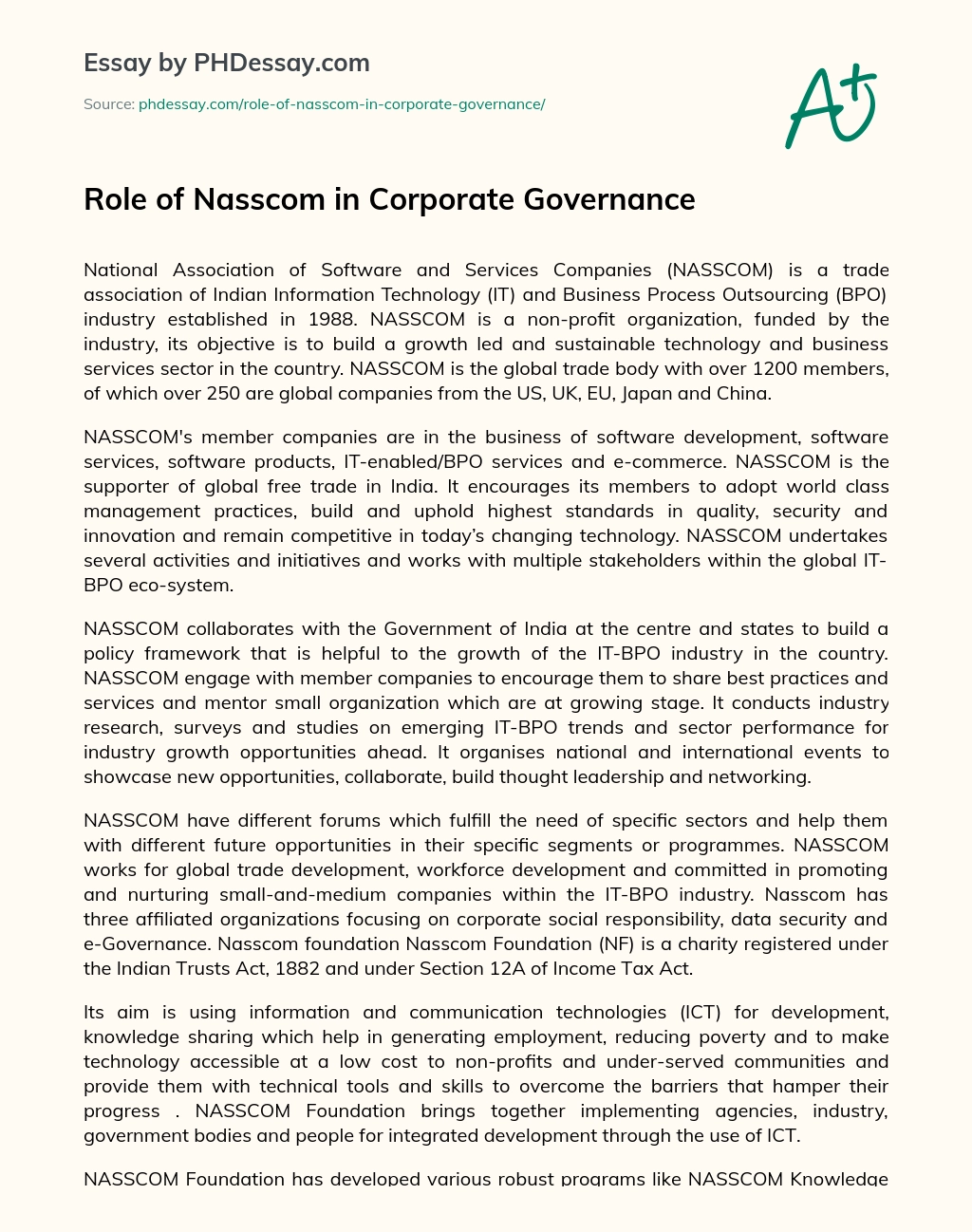 Role of Nasscom in Corporate Governance essay