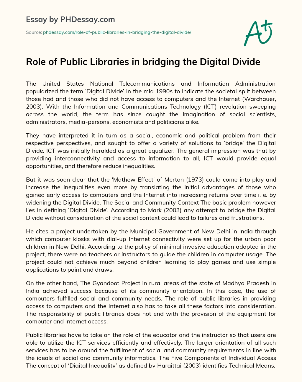 Role of Public Libraries in bridging the Digital Divide essay