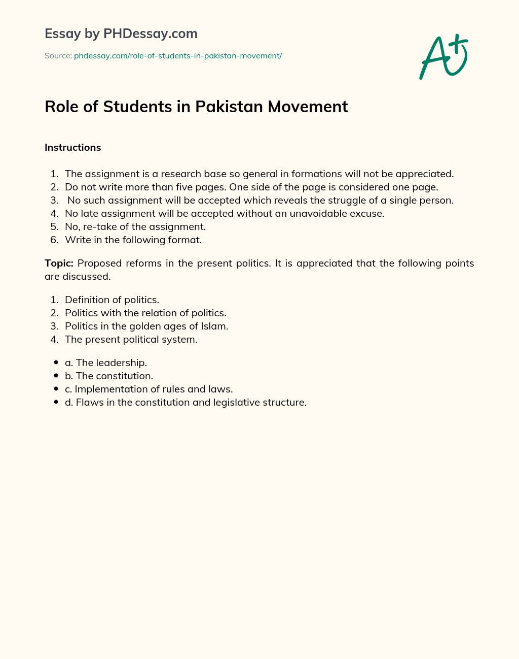 Role of Students in Pakistan Movement essay