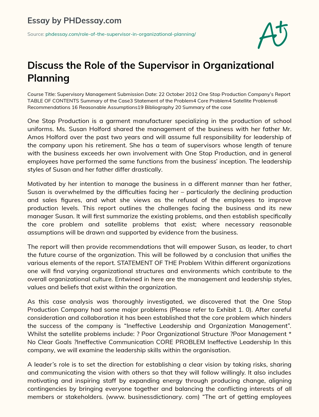 Discuss the Role of the Supervisor in Organizational Planning essay