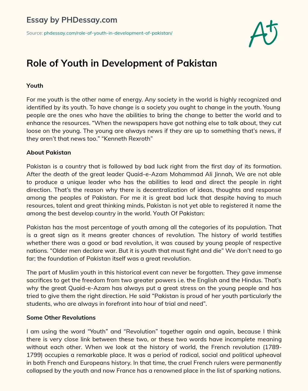 Role of Youth in Development of Pakistan essay
