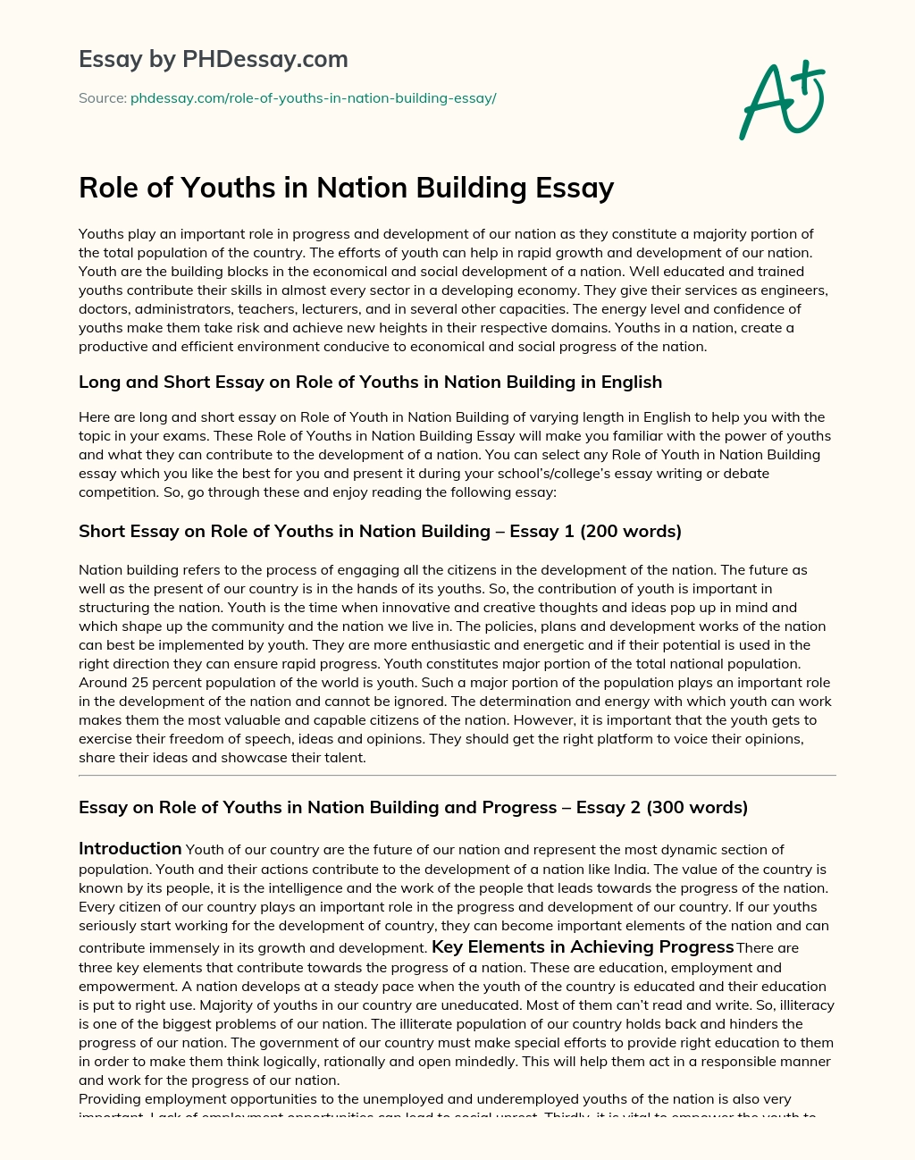 Role of Youths in Nation Building Essay essay