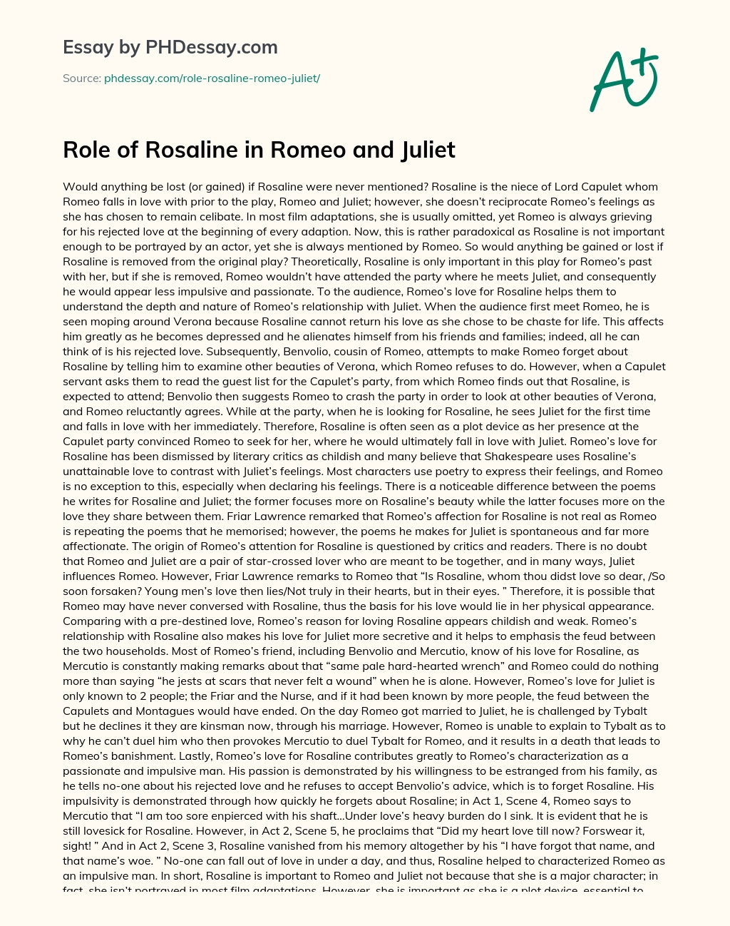 Role of Rosaline in Romeo and Juliet essay