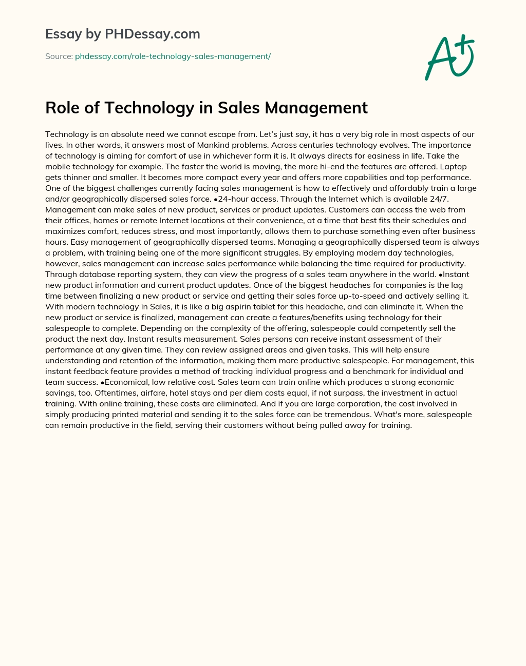 Role of Technology in Sales Management essay