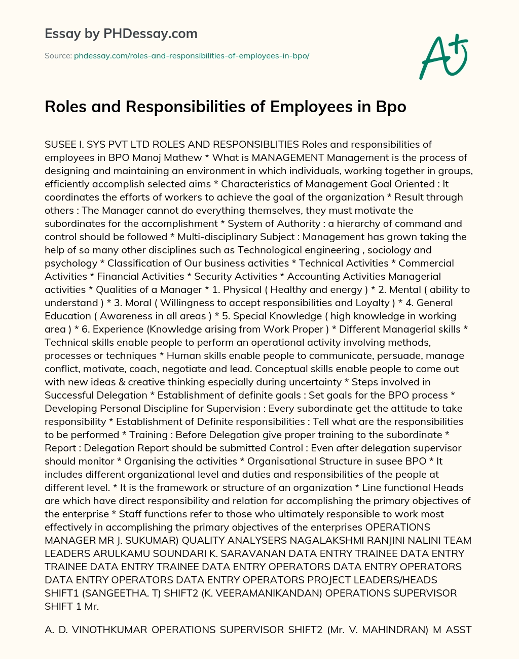 Roles and Responsibilities of Employees in Bpo essay