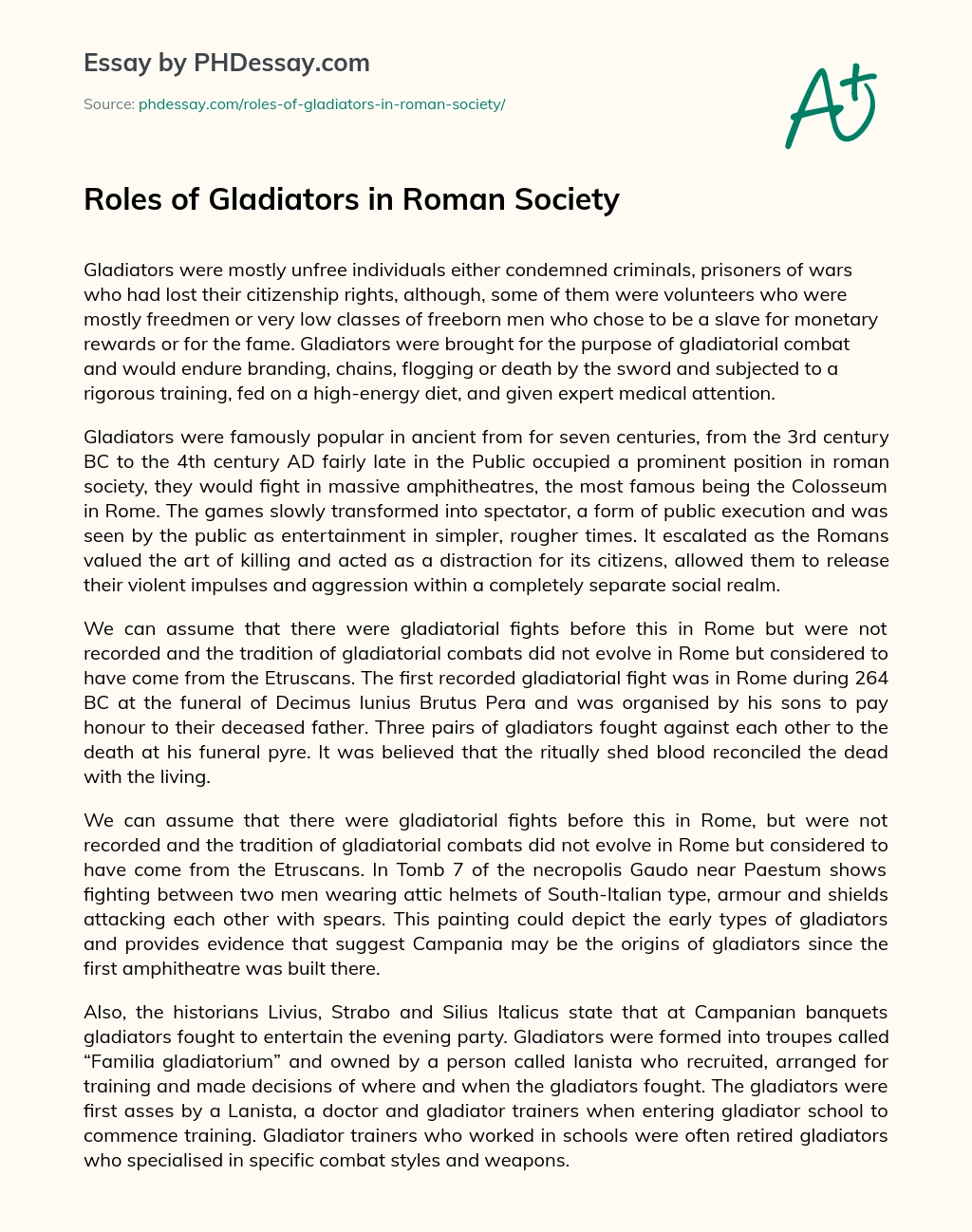Roles of Gladiators in Roman Society essay