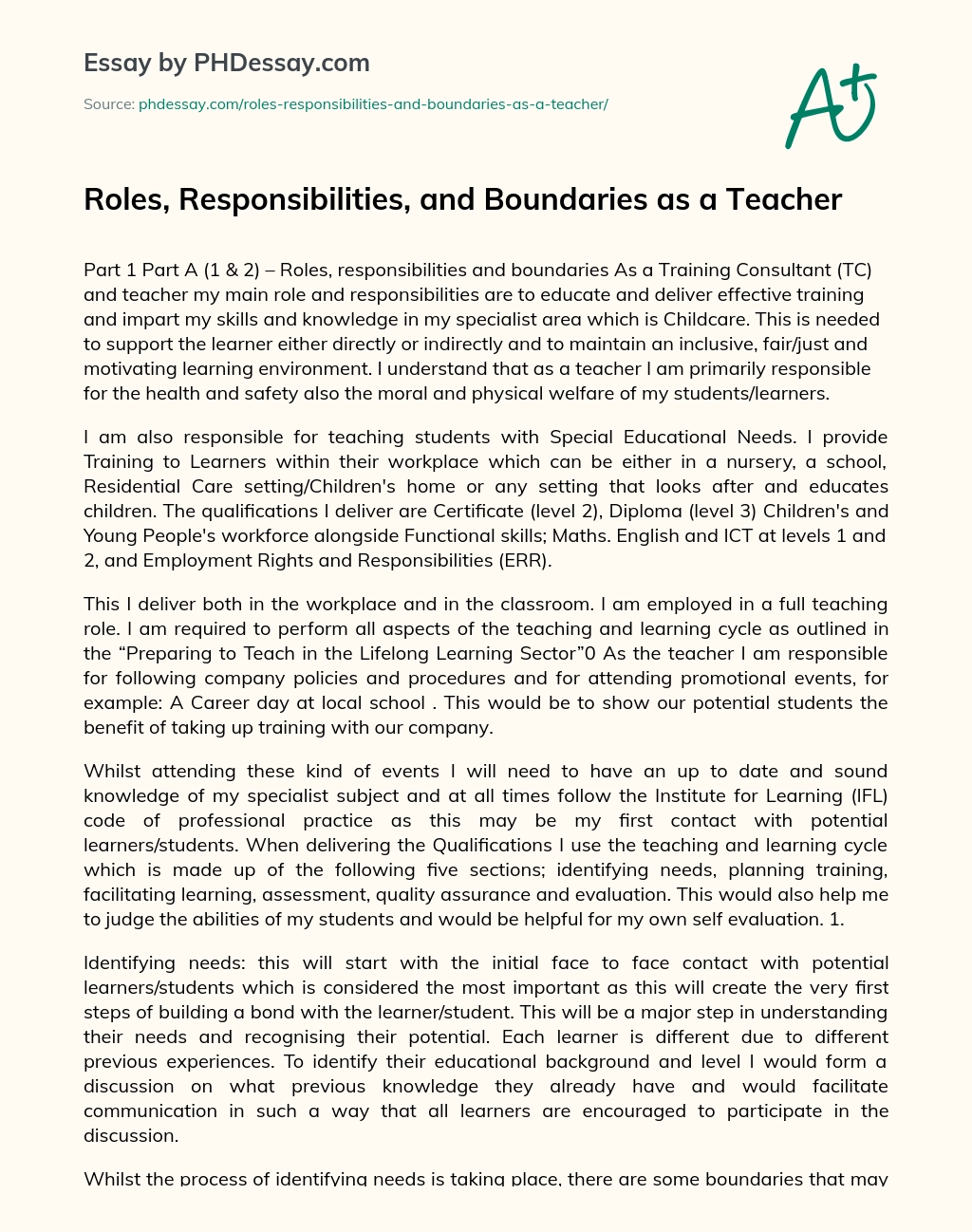 Roles, Responsibilities, and Boundaries as a Teacher essay