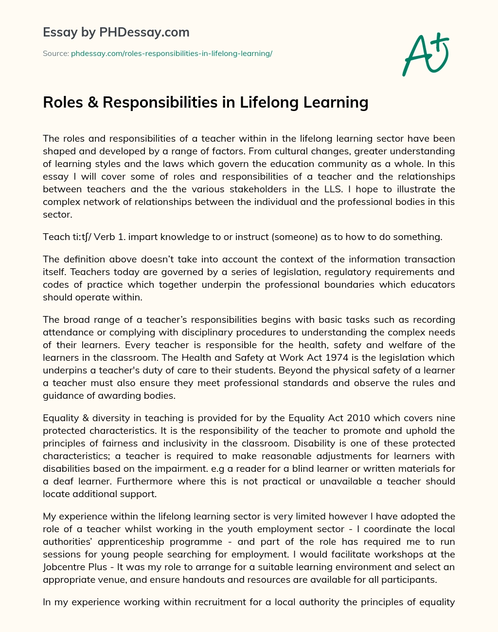 Roles & Responsibilities in Lifelong Learning essay