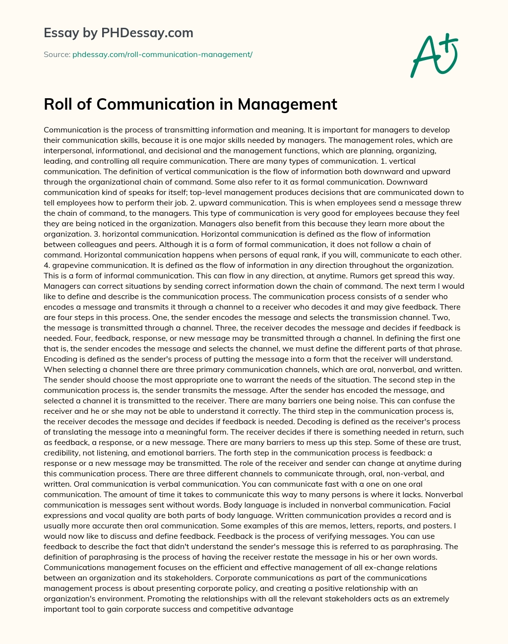 Roll of Communication in Management essay