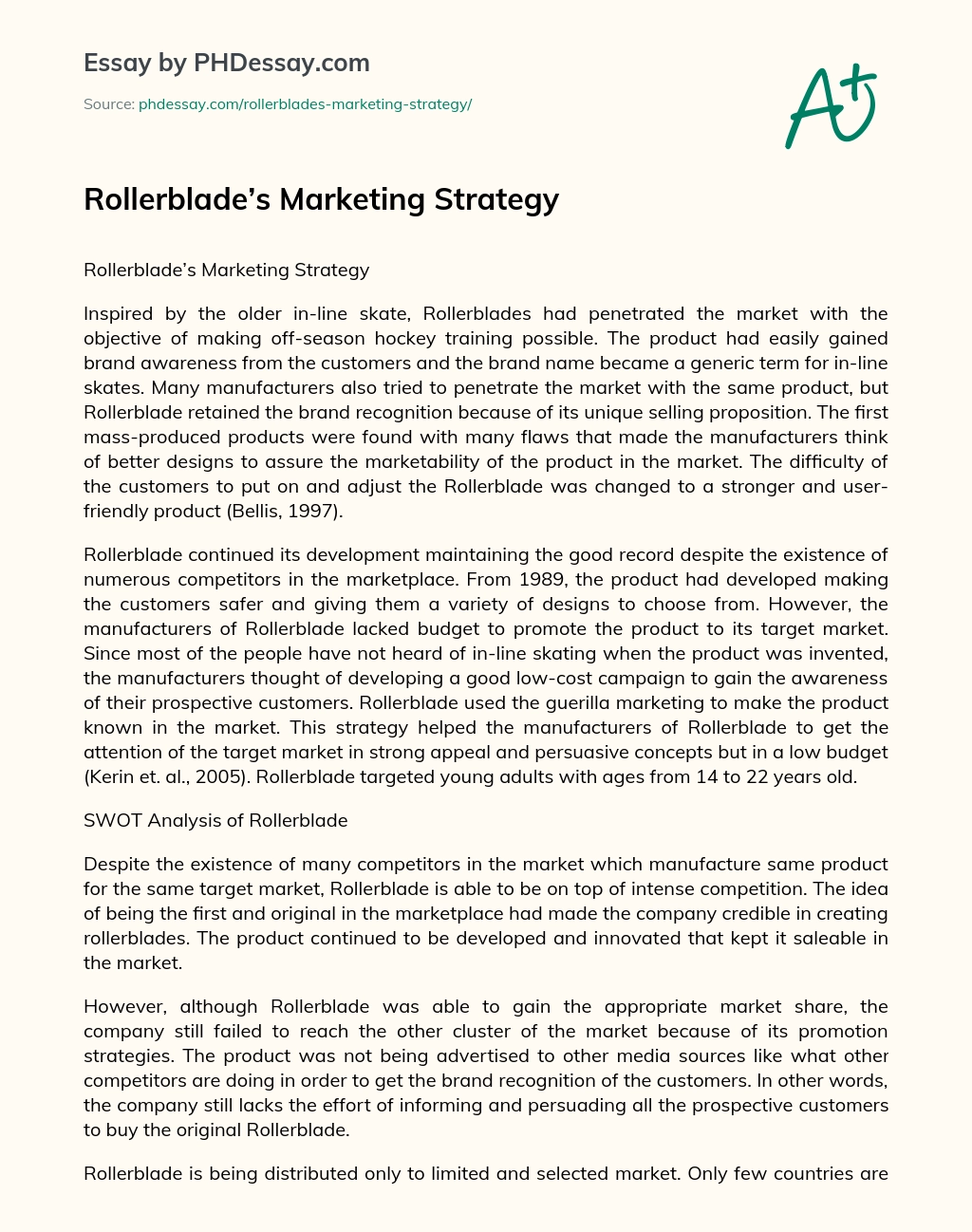 Rollerblade’s Marketing Strategy essay