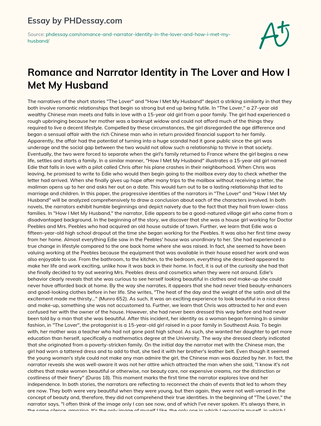 Romance and Narrator Identity in The Lover and How I Met My Husband essay