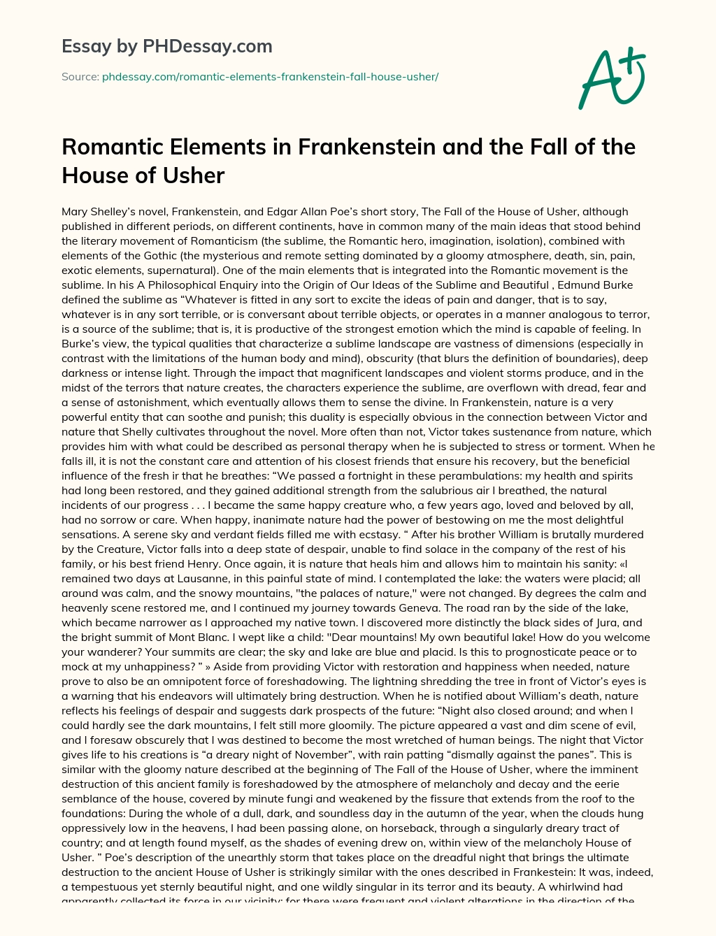 Romantic Elements in Frankenstein and the Fall of the House of Usher essay