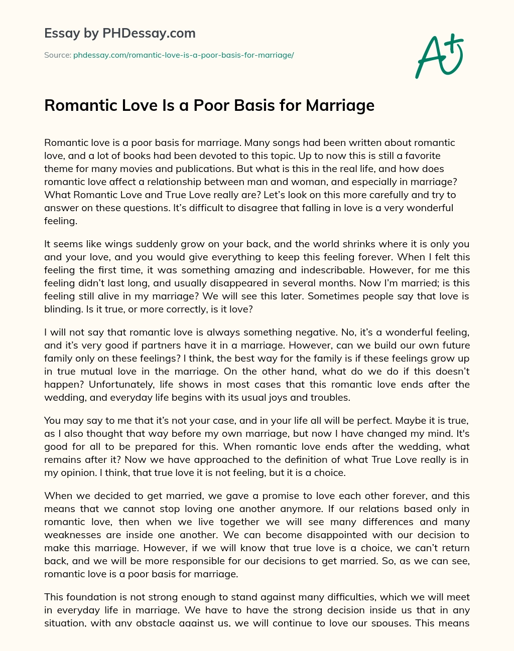 Romantic Love Is a Poor Basis for Marriage essay