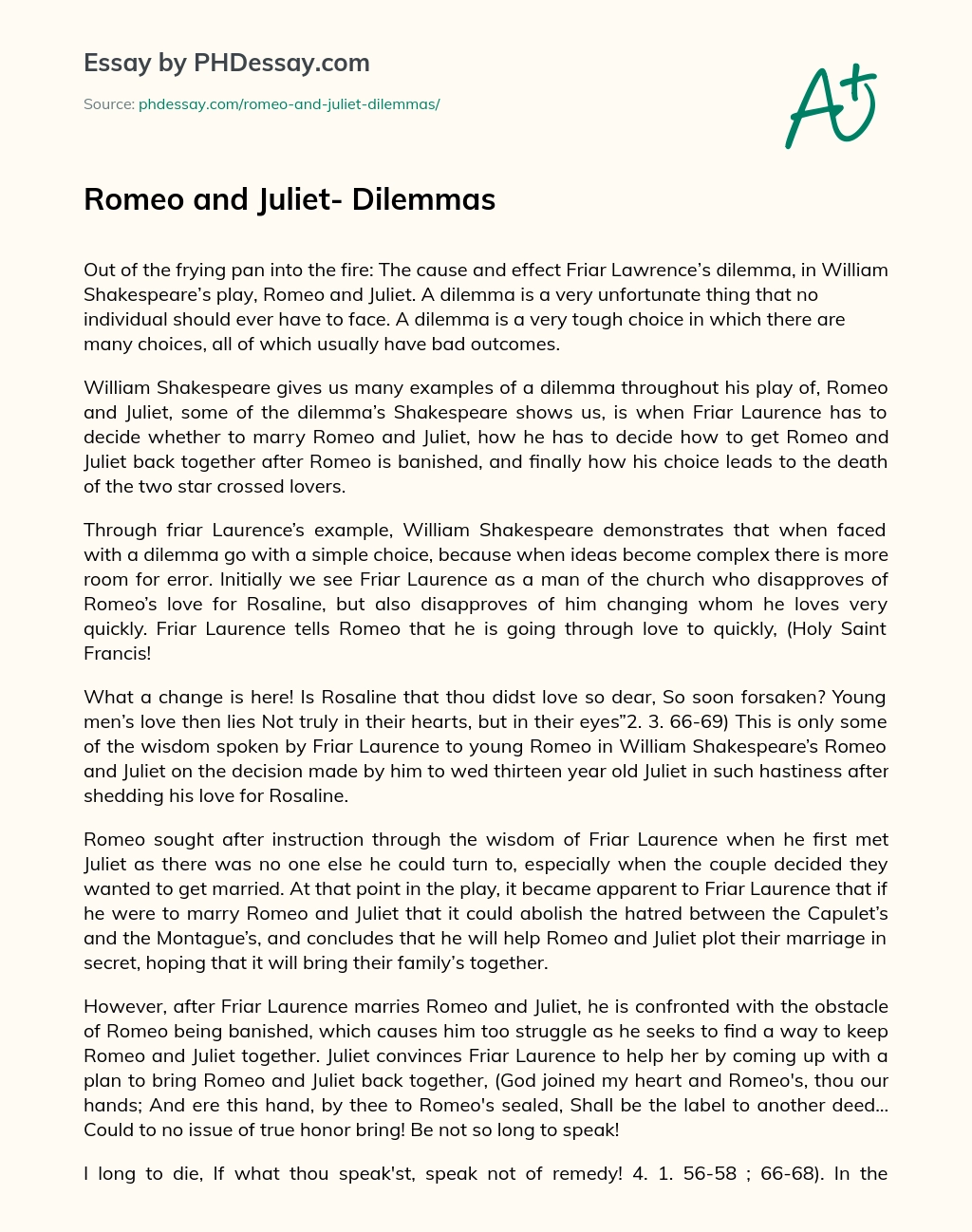 Romeo and Juliet- Dilemmas essay