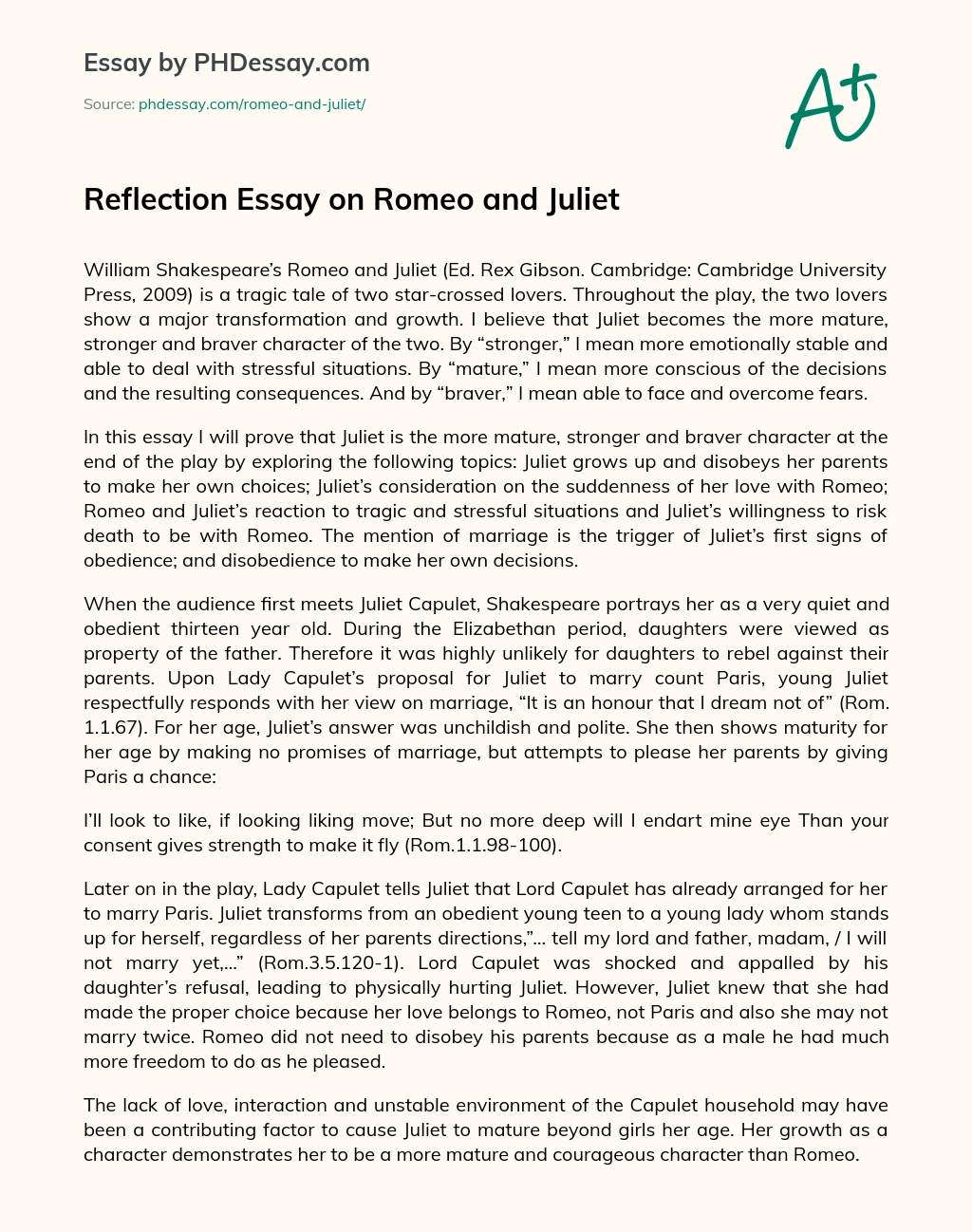 Reflection Essay on Romeo and Juliet essay