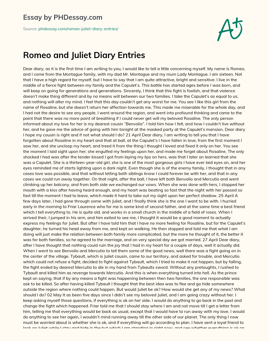 Romeo and Juliet Diary Entries essay