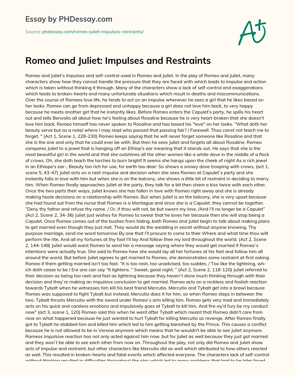 Romeo and Juliet: Impulses and Restraints essay