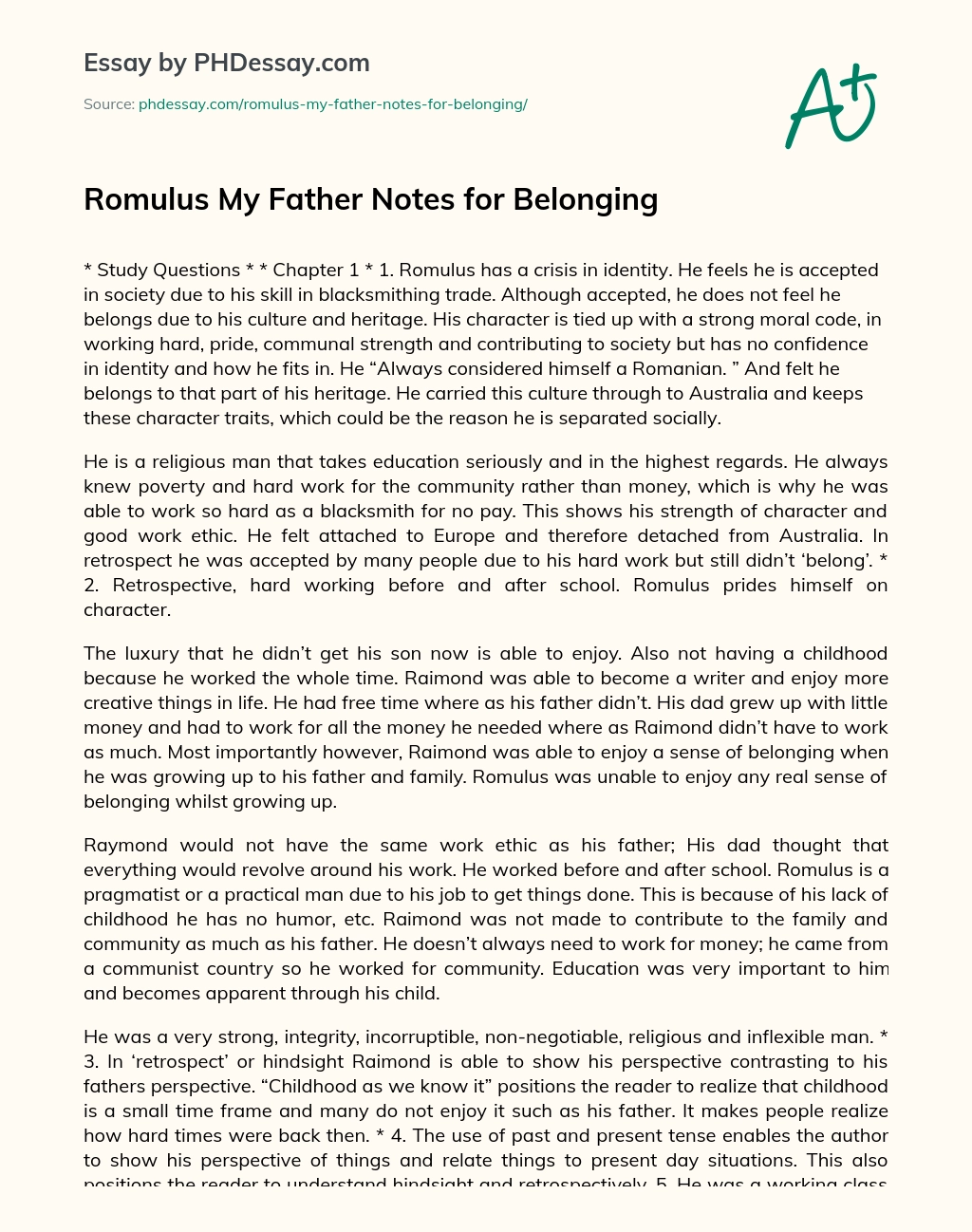 Romulus My Father Notes for Belonging essay