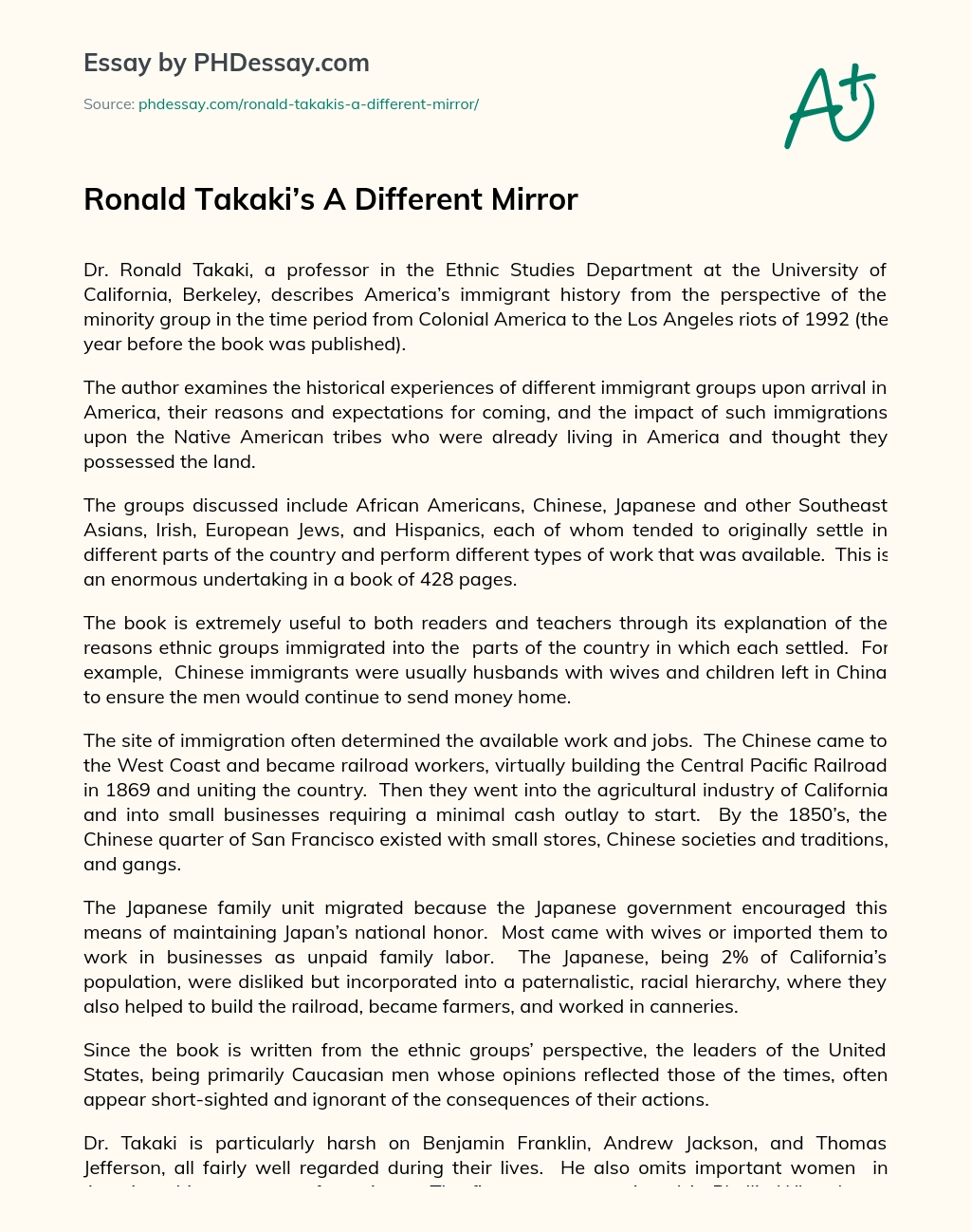 Ronald Takaki’s A Different Mirror essay